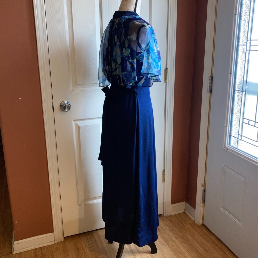 Vintage 70s Flutter Sleeve High Neckline Maxi Dress Floral Navy Formal Wedding - Picture 3 of 9